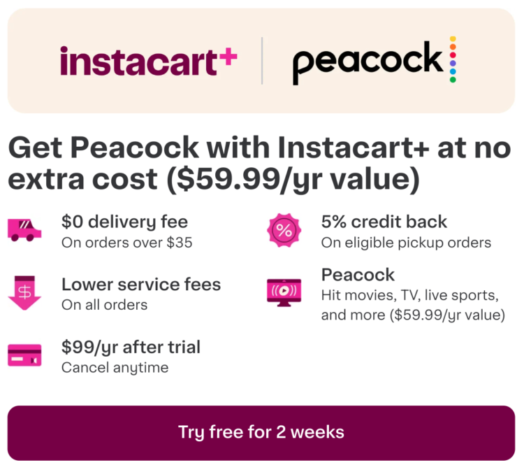 Peacock Subscription Offer with Instacart